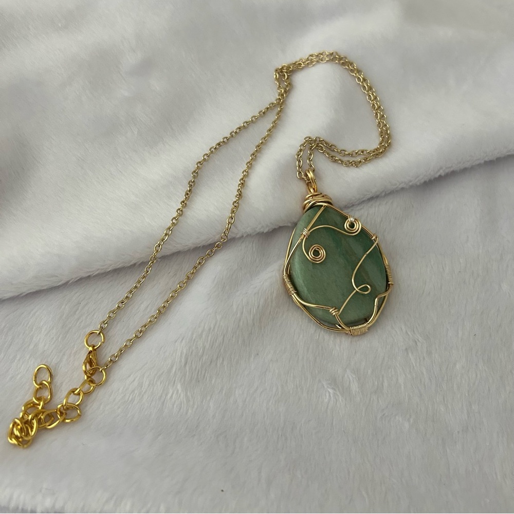 Handmade Green Aventurine Wire Wrapped Gold Pendant Necklace